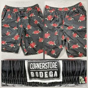 Cornerstore Bodega Red Rose Floral Print Shorts Men's XL Black 100% Cotton EUC